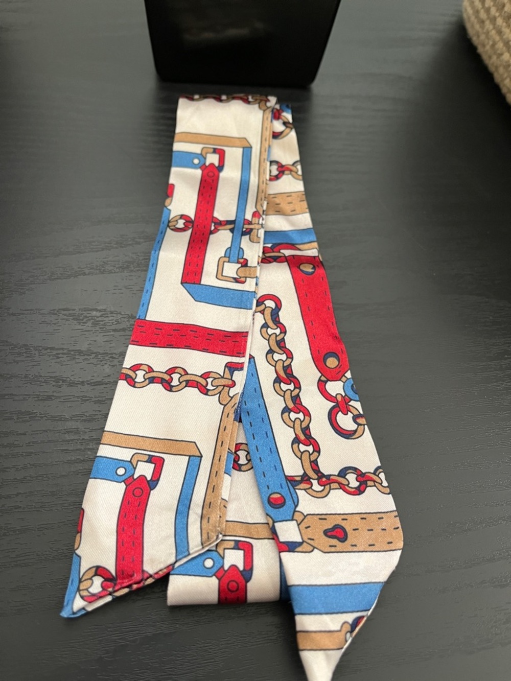 Silk Chain & Strap Print Skinny Scarf - Red, Blue, Cream